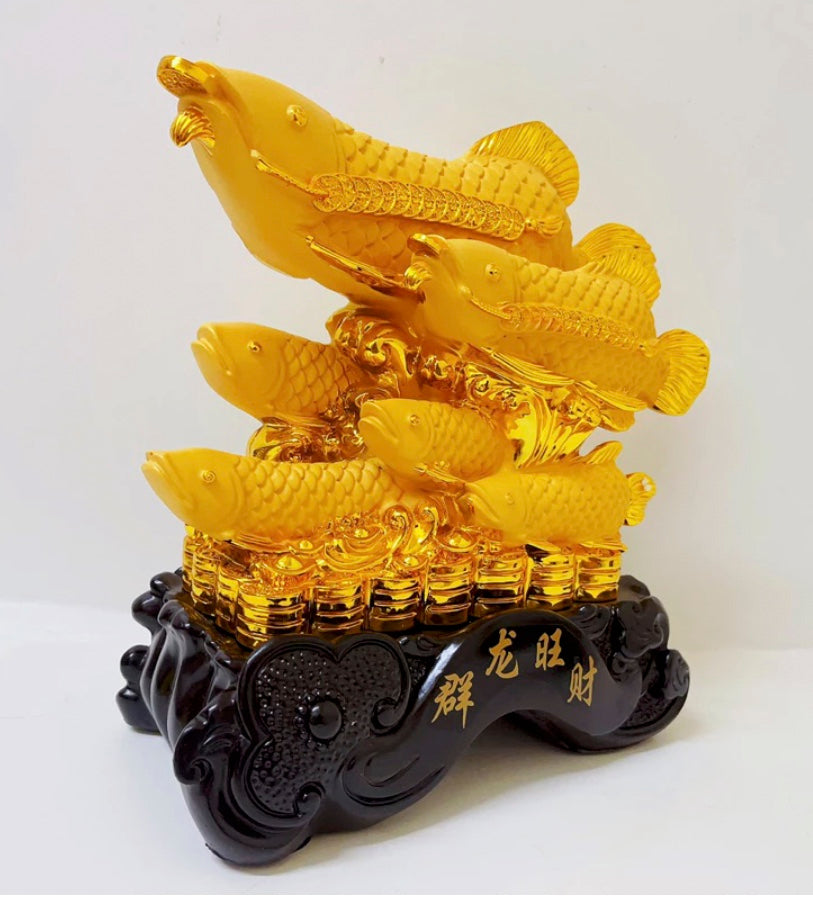 Fengshui 6 Golden Arowana Family on Bed of Wealth Full of Lucky Coin Ingot Money Bar Figurine