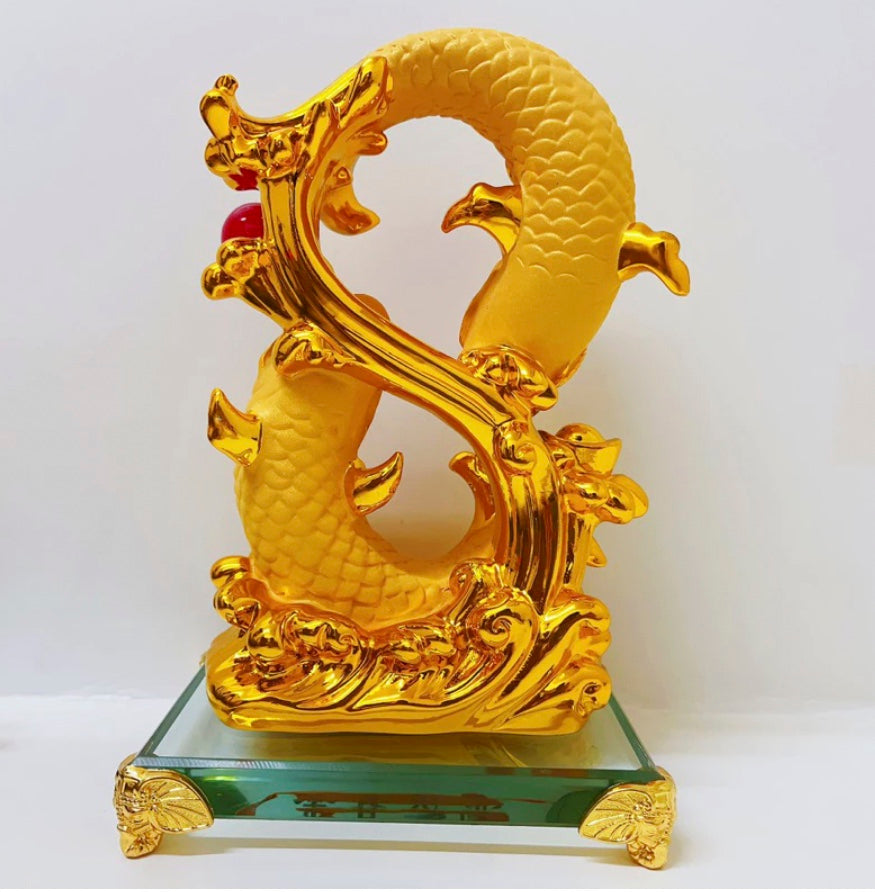 Fengshui Shape 8 Infinity Double Carp Fish with Wealth Coin Ingot Money Bar Chinese Lucky Fish