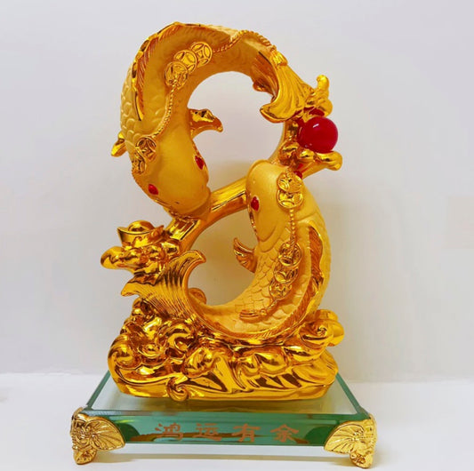 Fengshui Shape 8 Infinity Double Carp Fish with Wealth Coin Ingot Money Bar Chinese Lucky Fish