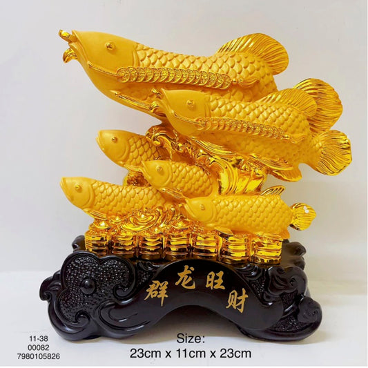 Fengshui 6 Golden Arowana Family on Bed of Wealth Full of Lucky Coin Ingot Money Bar Figurine